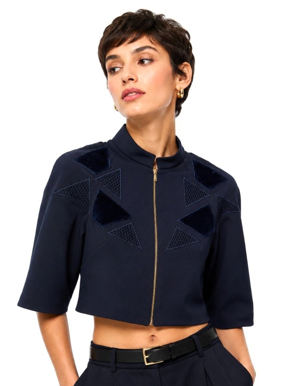 Carlucci Navy Blue Faux Fur Mesh Crop Jacket